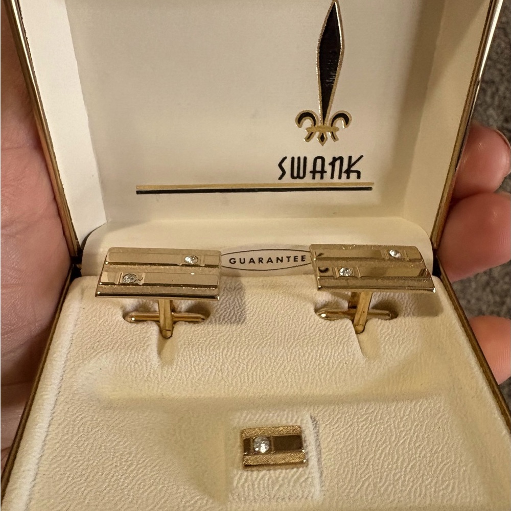 VINTAGE SWANK GOLD-TONE RHINESTONE CUFFLINKS AND TIE TACK ORIGINAL BOX - Picture 6 of 10